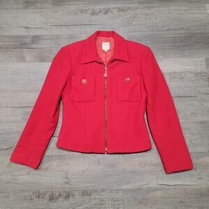 Neiman Marcus NM Essentials Wool Full Zip Blazer Jacket Size 4 Red Gold Buttons